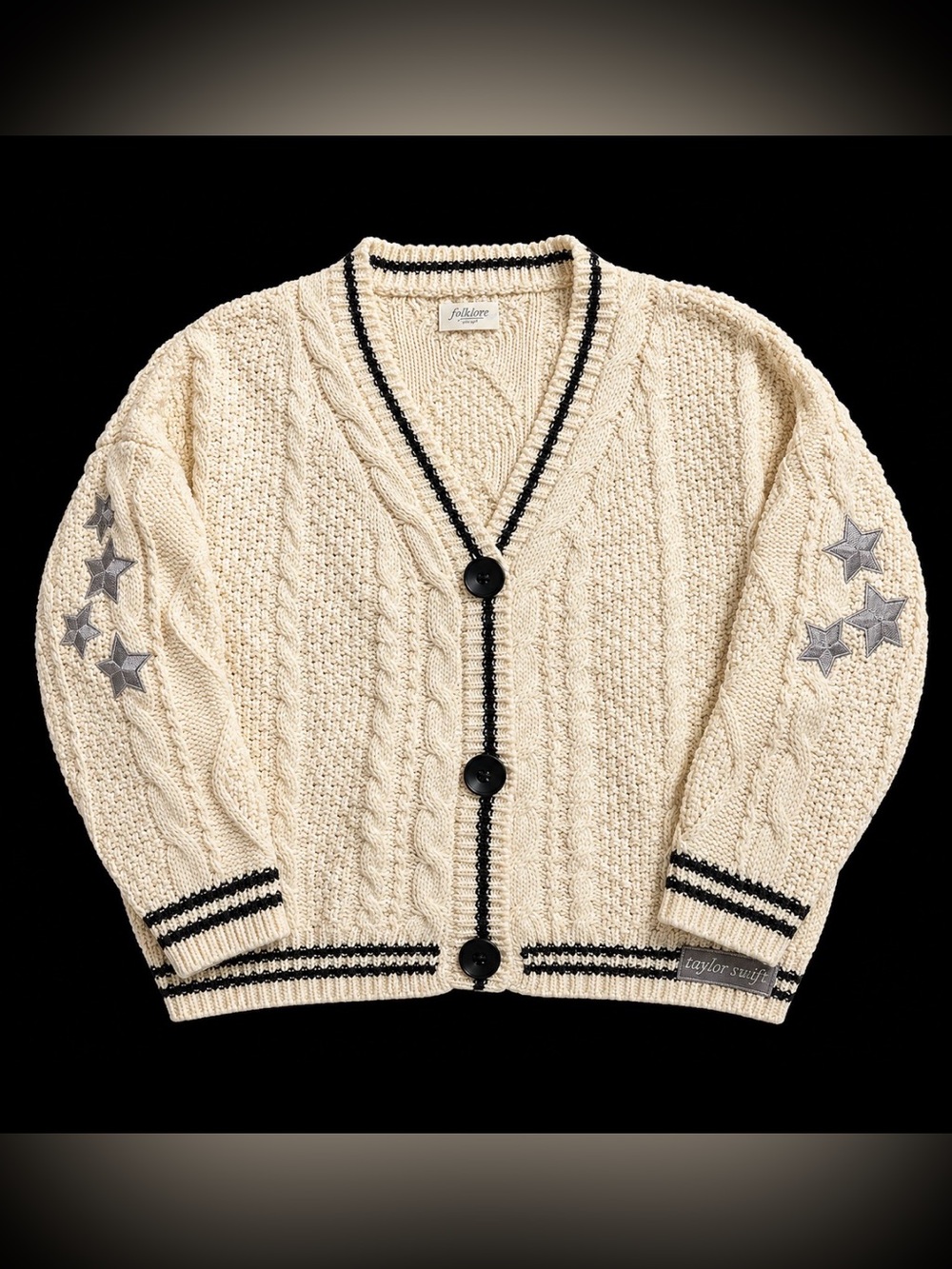 Taylor Swift Folklore Cable Knit Cardigan with Black Trim and Gray Star Elbows